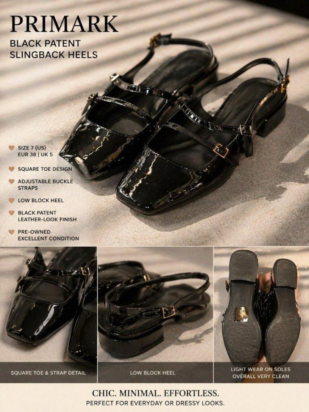 Primark Black Patent Slingback Heels Square Toe Buckle Strap Size 7